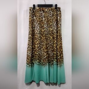 New Directions Animal Print Skirt Women's L Brown Green Boho Retro 90s Beach